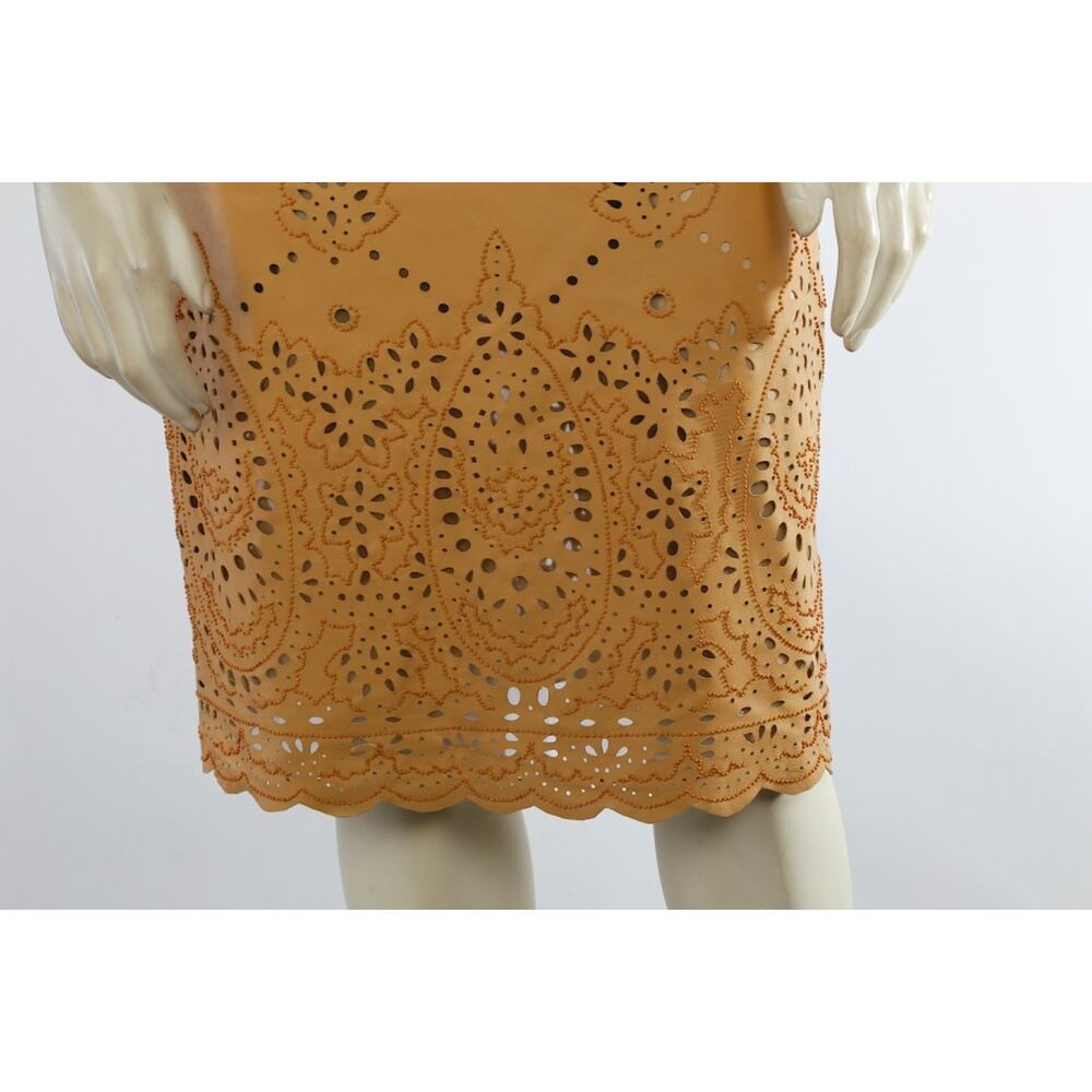 Vintage Oscar de la Renta Tan Leather Laser Cut Eyelet Paisley Pencil Skirt Sz 2 - Picture 6 of 12
